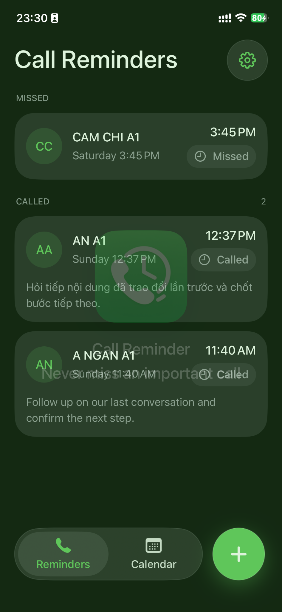 Call Reminder home screen showing scheduled and completed calls