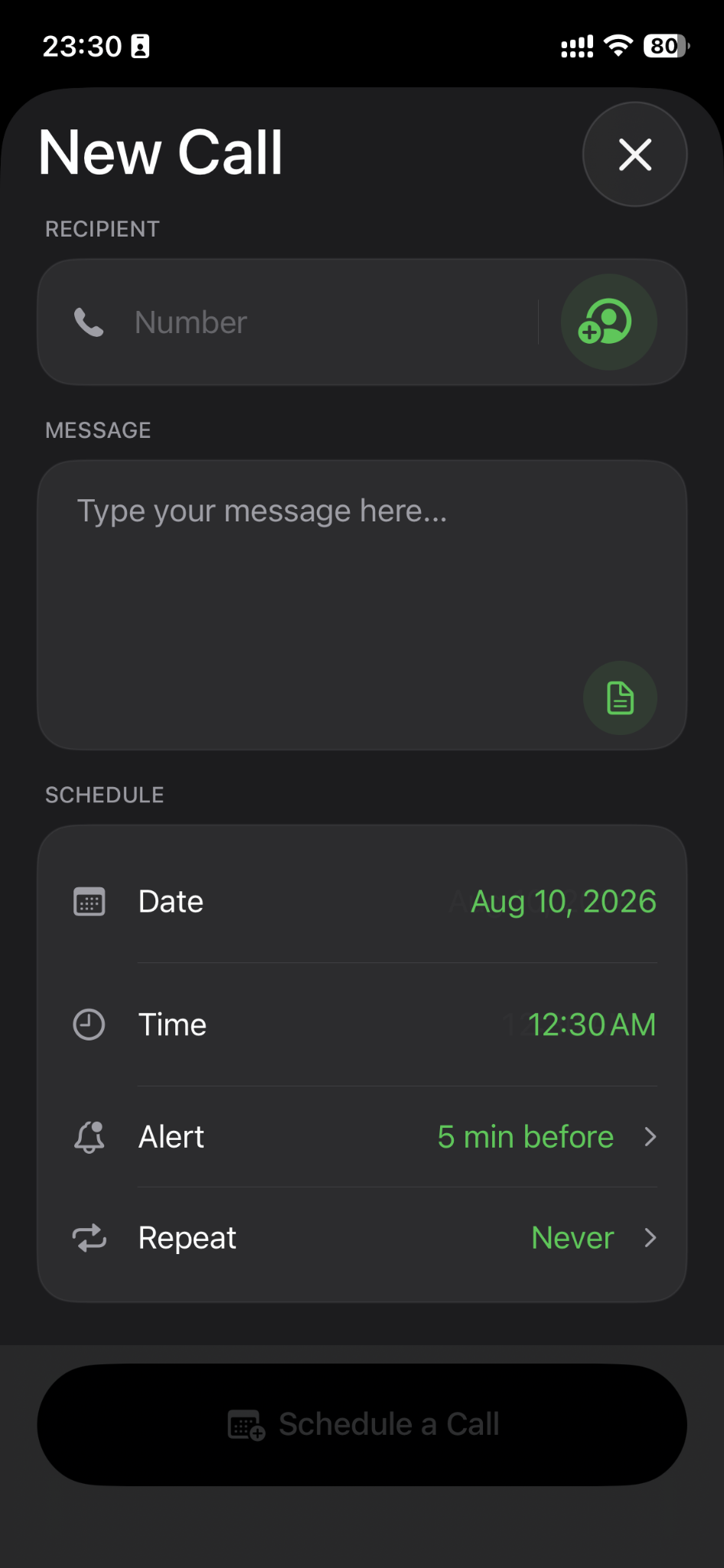 New Call scheduling screen