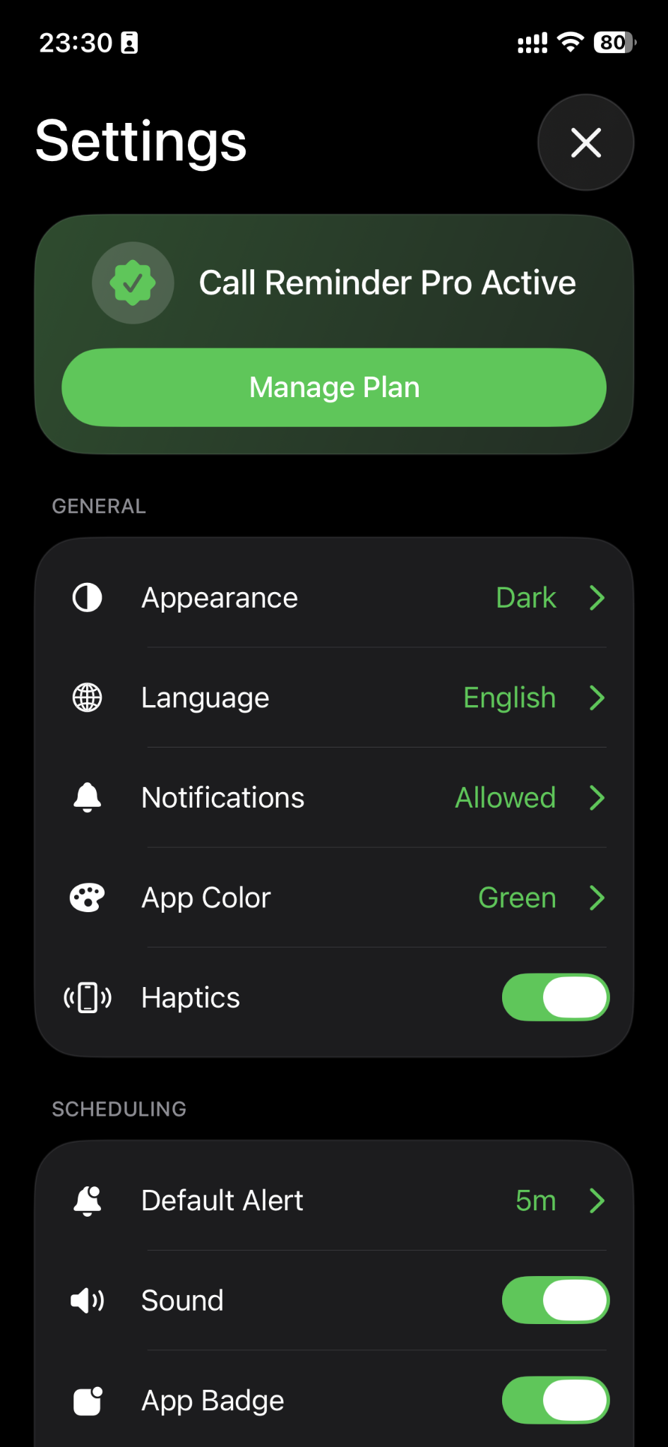 Call Reminder Pro and settings screen
